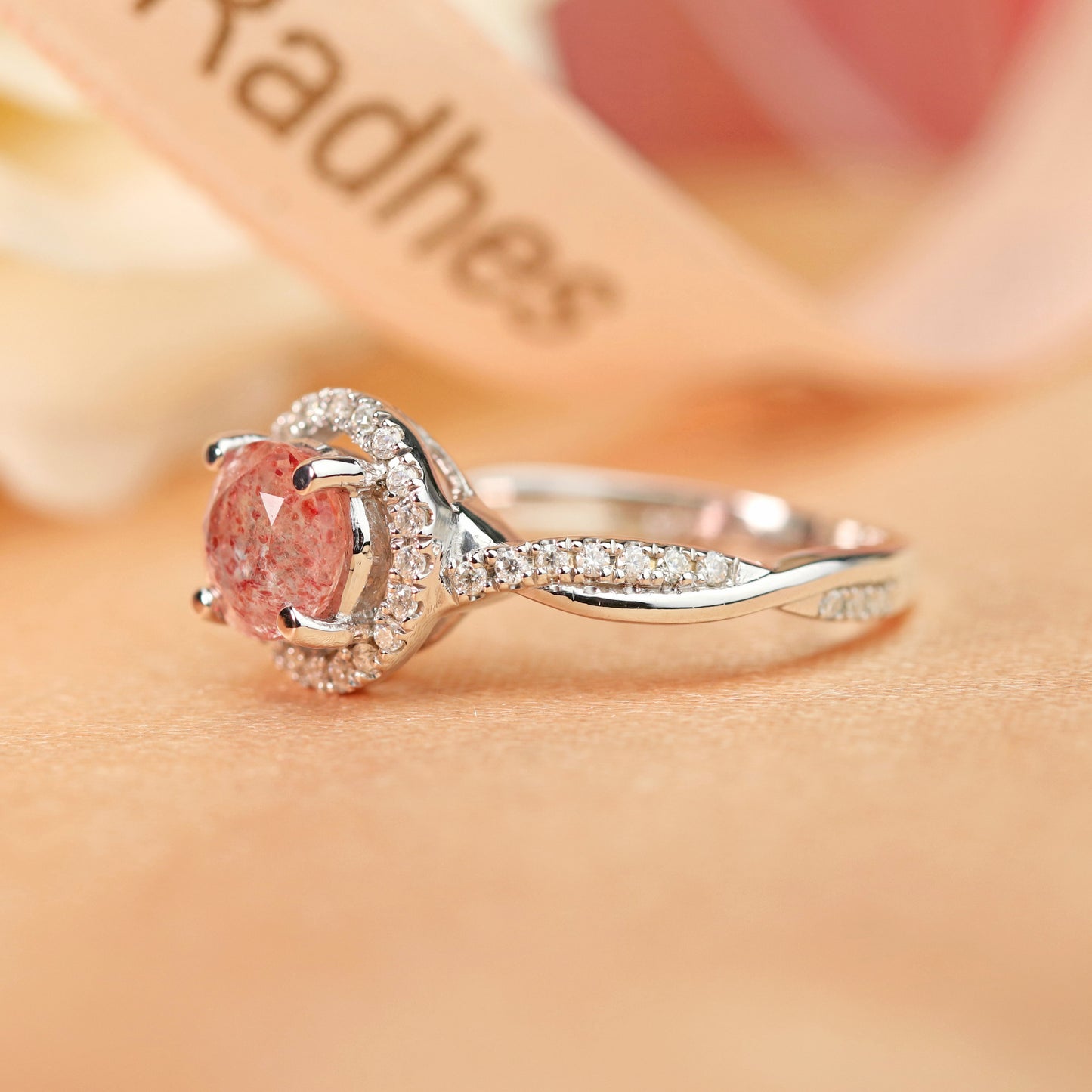 1.25 carat Round Cut Red Strawberry Quartz and Diamond Semi-pave Twisted Shank Halo Ring for Women in White Gold