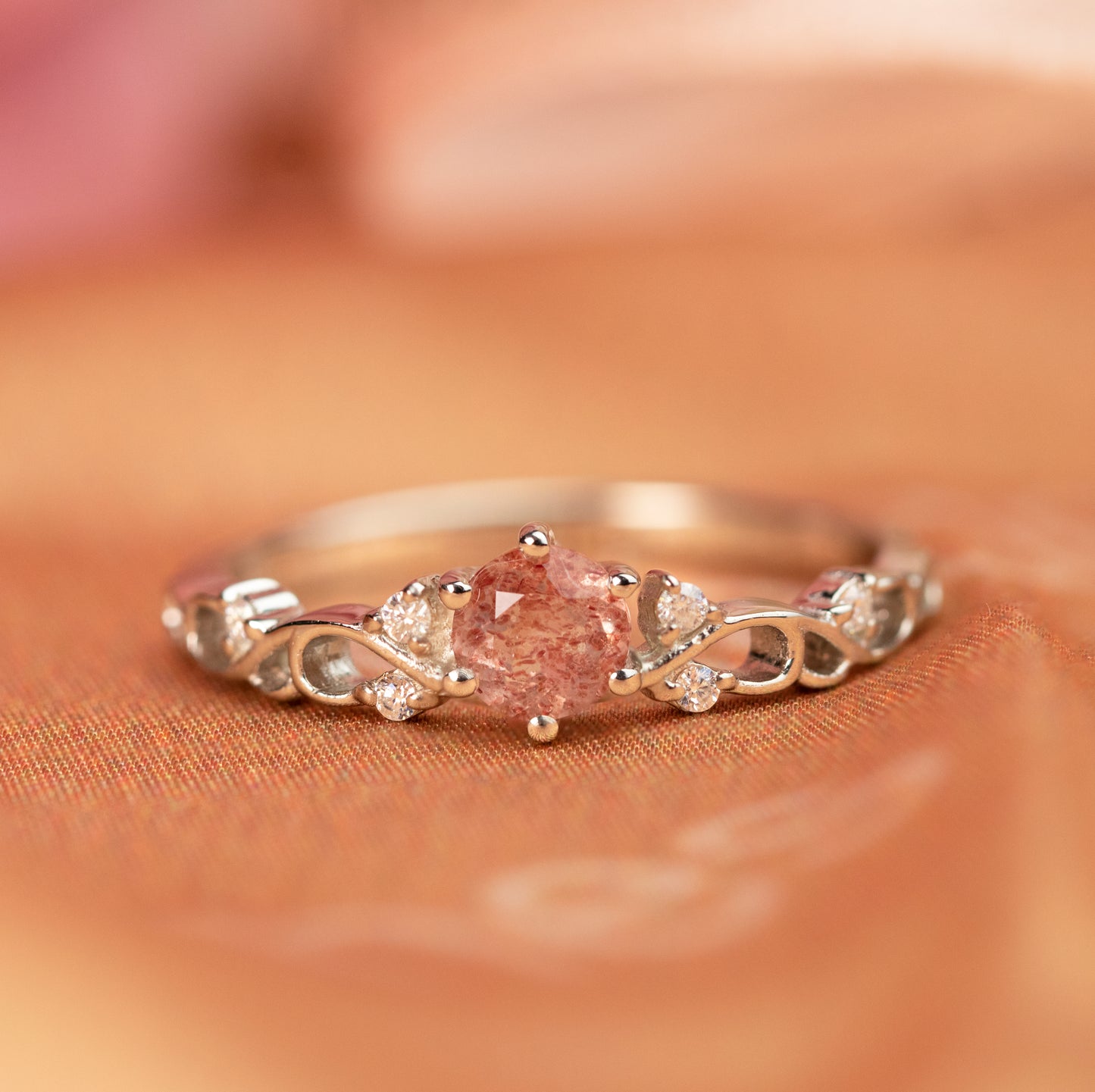 Dainty Vintage 0.6 carat Round Shaped Strawberry Quartz Tiara Crown Ring for Her in White Gold