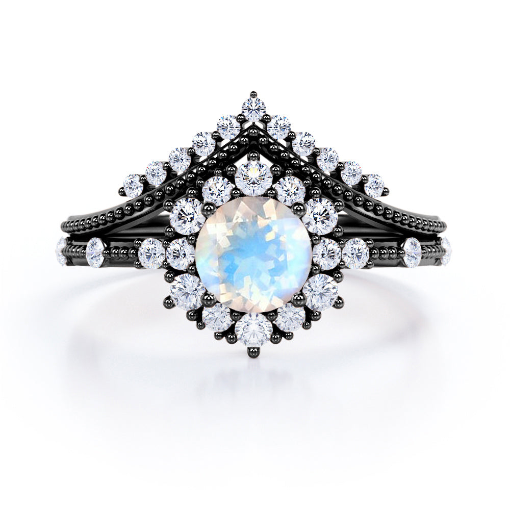 Crowned Milgrain 1.7 carat Round cut Moonstone and diamond vintage art deco wedding ring set in Black gold