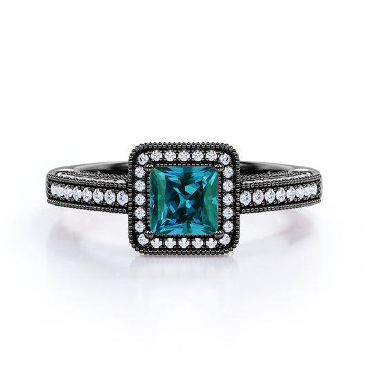 Traditional art deco 1.5 carat Princess cut lab created Alexandrite and diamond vintage beaded engagement ring in Black gold