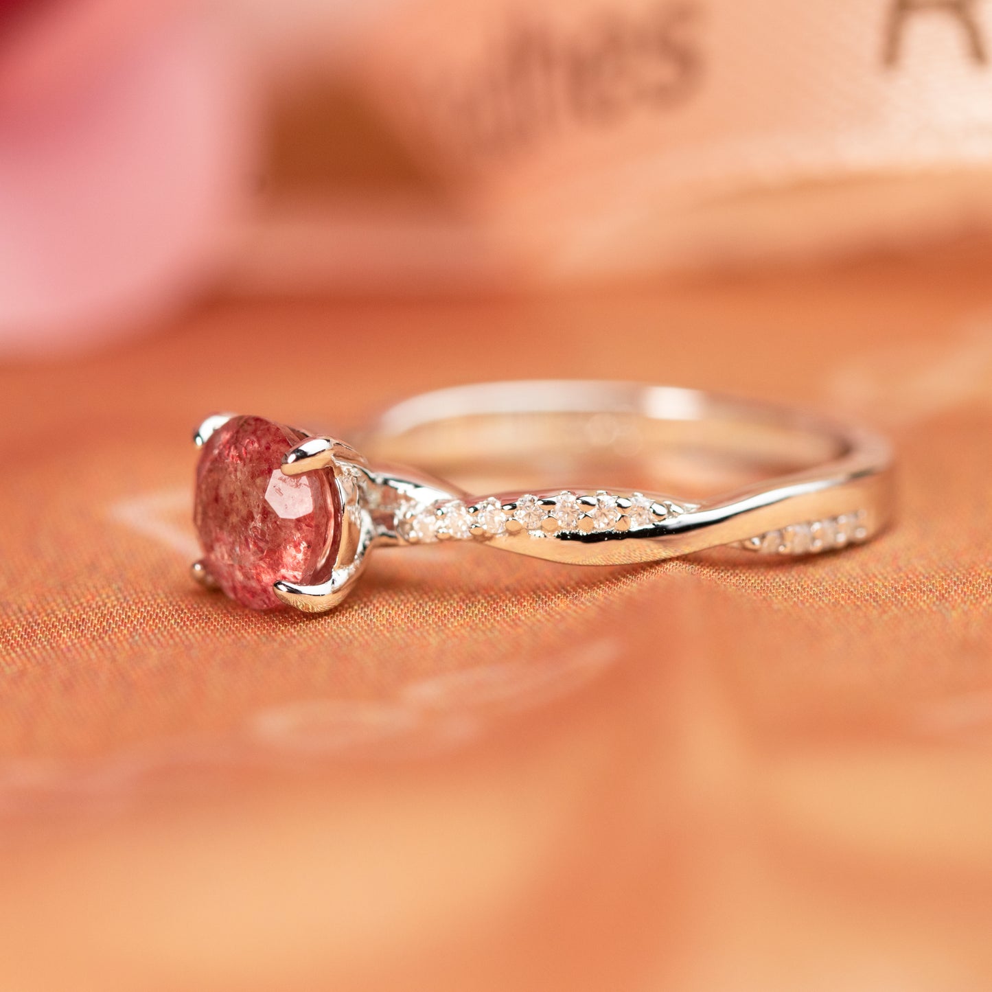1.25 carat Round Cut Red Strawberry Quartz and Diamond Semi-pave Twisted Shank Solitaire Ring for Women in White Gold