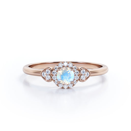 Triple stone 1.25 carat Round cut Rainbow Moonstone and diamond vintage double heart sweetheart ring in Rose gold-Engagement ring