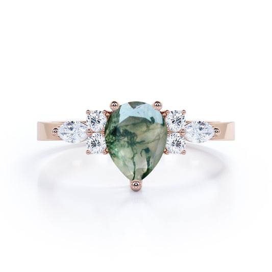 1.15 carat Pear cut Moss Agate and diamond prong style promise ring in Rose gold