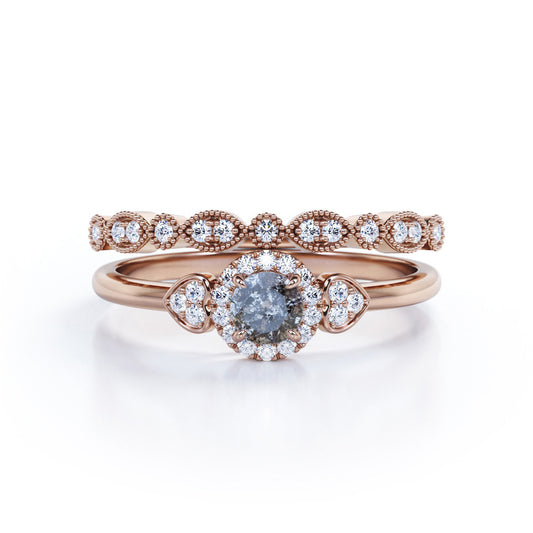 Lovely hearts 0.85 carat Round cut Salt and pepper diamond and white diamond milgrain and halo engagement ring in Rose gold