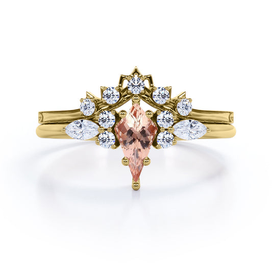 Chevron Triad 1.35 carat Kite shaped Peach Pink Morganite and diamond 7 stone Bridal set in Yellow gold