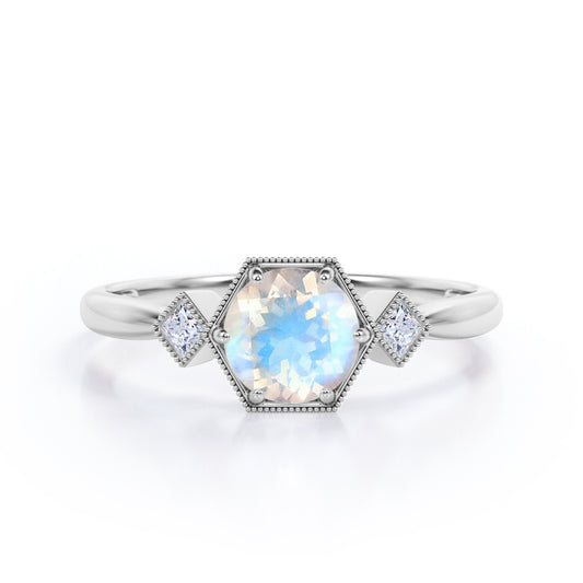 Triple Bezels 1.1 carat Round cut Moonstone and diamond Milgrain engagement ring in White gold