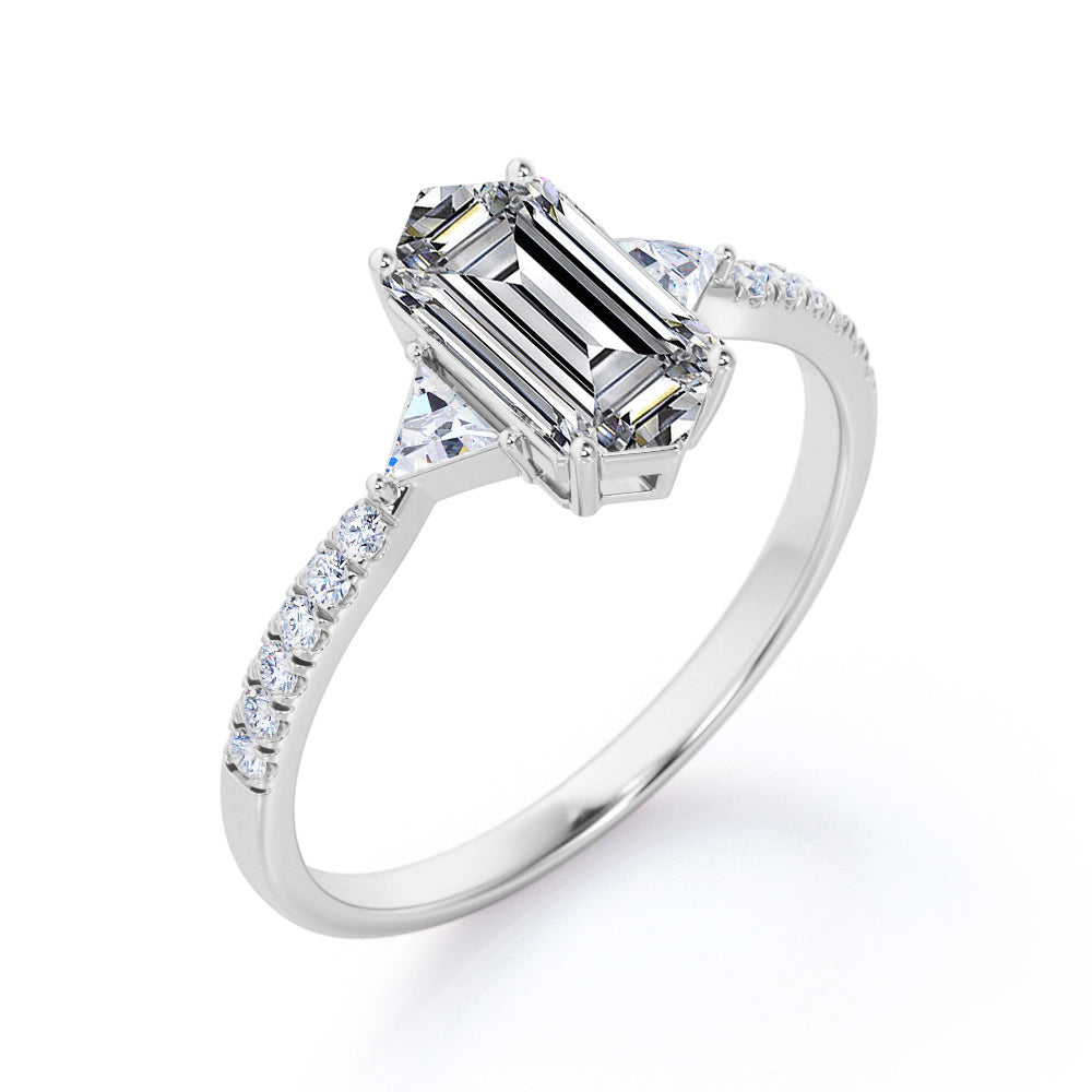 Trillion trinity 1.25 carat Hexagonal Moissanite and diamond 4 prong engagement ring in White gold