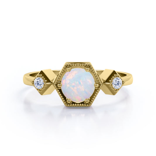 Triple stone 1.10 carat Round cut Ethiopian Opal and diamond 6 prong engagement ring in yellow gold