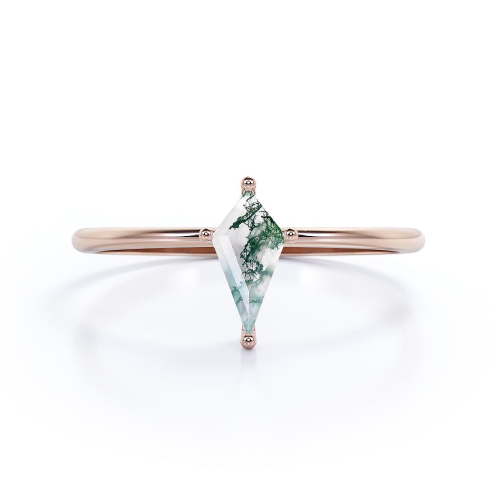 Elegant Solitaire 1 carat Kite shaped Moss Green Agate dainty style anniversary ring in Rose gold