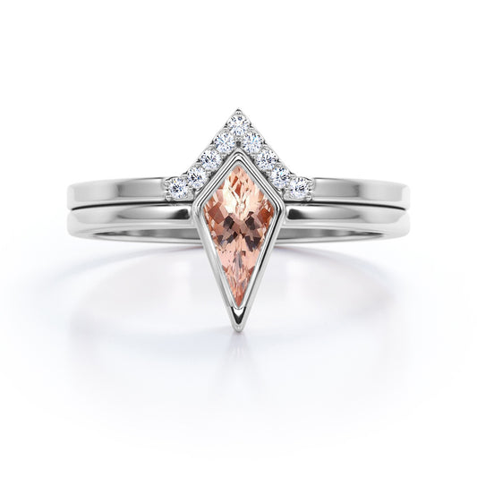 Bezel and tiara chevron 1.15 carat Kite shaped Morganite and diamond vintage Bridal set for women in White gold