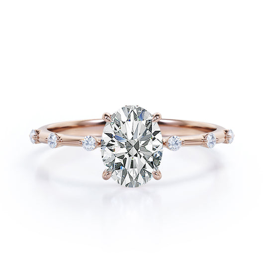 Delicate twig 1 carat Oval shaped Moissanite and diamond 7 stone engagement ring for her in rose gold