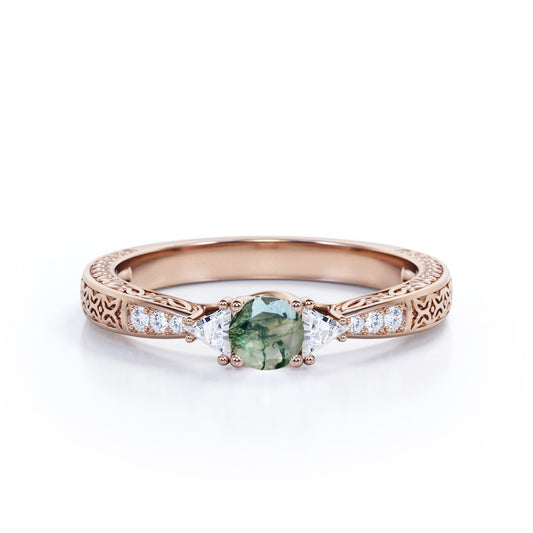 Triple trillion 0.75 carat Round cut Moss Green Agate and diamond filigree engagement ring in Rose gold