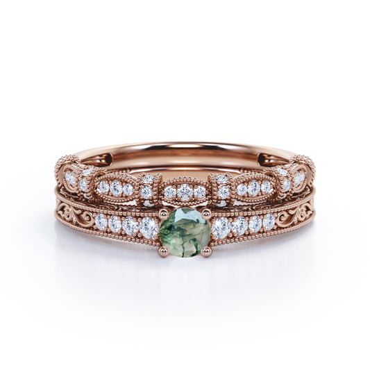 Exquisite Art Deco 0.9 carat Round cut Moss Green Agate and diamond Edwardian filigree Bridal set in Rose gold