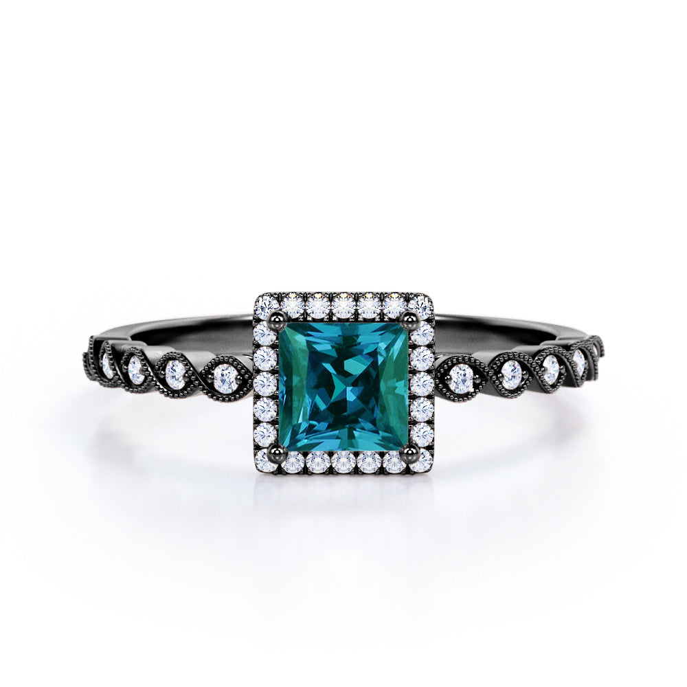 1.4 carat Princess cut Synthetic Alexandrite and diamond milgrain edge engagement ring in Black gold