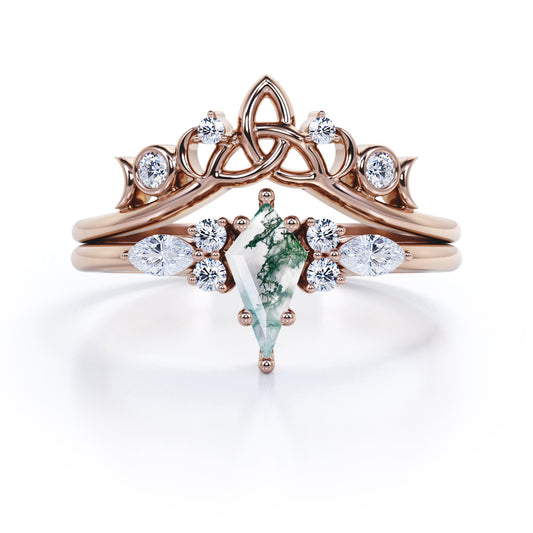 Contoured triad and chevron 1.25 carat Kite shape Moss Green Agate and diamond-7 stones-art deco inspired wedding ring set in Rose gold