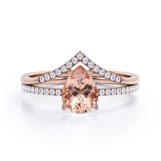 Perfect Chevron 1.5 carat Pear Shaped Morganite and diamond wedding ring set for women in Rose gold