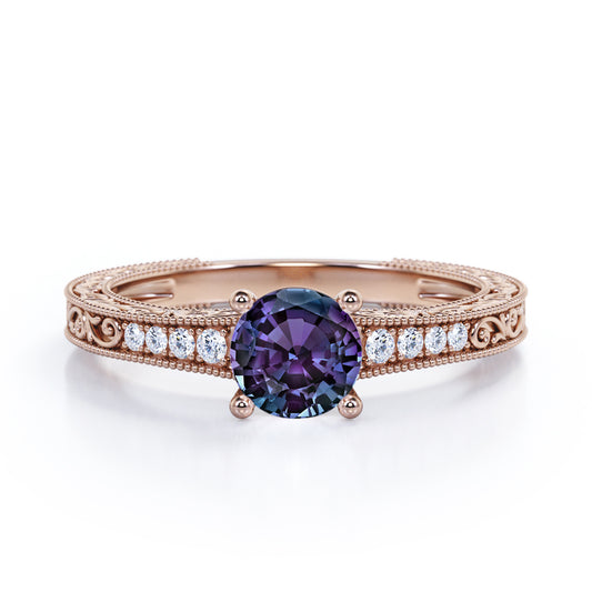 Floral filigree 1.1 carat Round cut Lab created Alexandrite and diamond channel set engagement ring in Rose gold