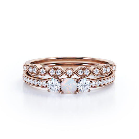 Elegant trilogy 1 carat Round cut Ethiopian Opal and pave diamond Milgrain Bridal set for her in Rose gold