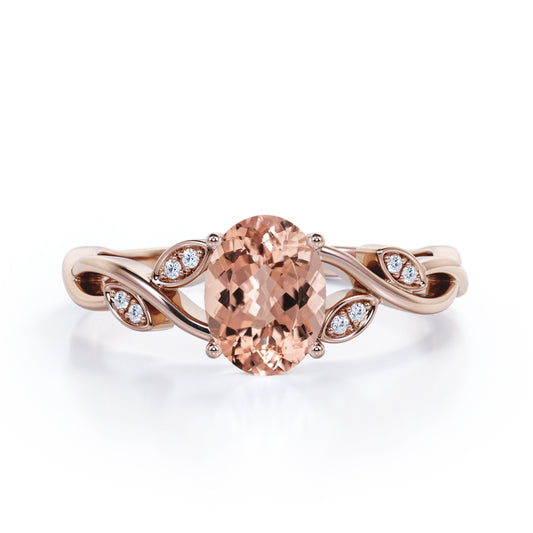 Twisted Vine 1.15 carat Oval shaped Morganite and diamond mid century modern engagement ring in Rose gold
