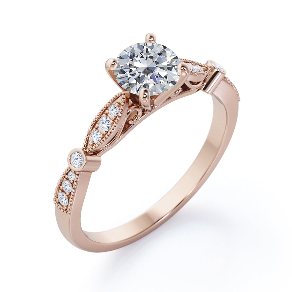 Vintage cathedral 1.25 carat Round cut Moissanite and diamond 4 prong engagement ring in Rose gold