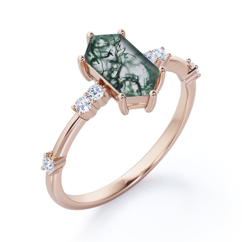 Asymmetric Prong style 1.1 carat Hexagon shaped Moss Green Agate and diamond earthy engagement ring in Rose gold