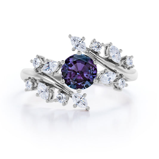 Art Nouveau 1.25 carat Round cut Alexandrite and diamond floral inspired engagement ring in White gold