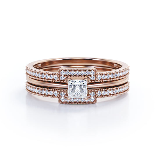 Authentic 1 carat Princess cut Moissanite and diamond halo inspired trio wedding ring set for women in rose gold