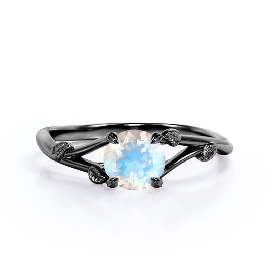 Vine Split Shank 1 carat Round cut Rainbow Moonstone nature inspired engagement ring in Black gold