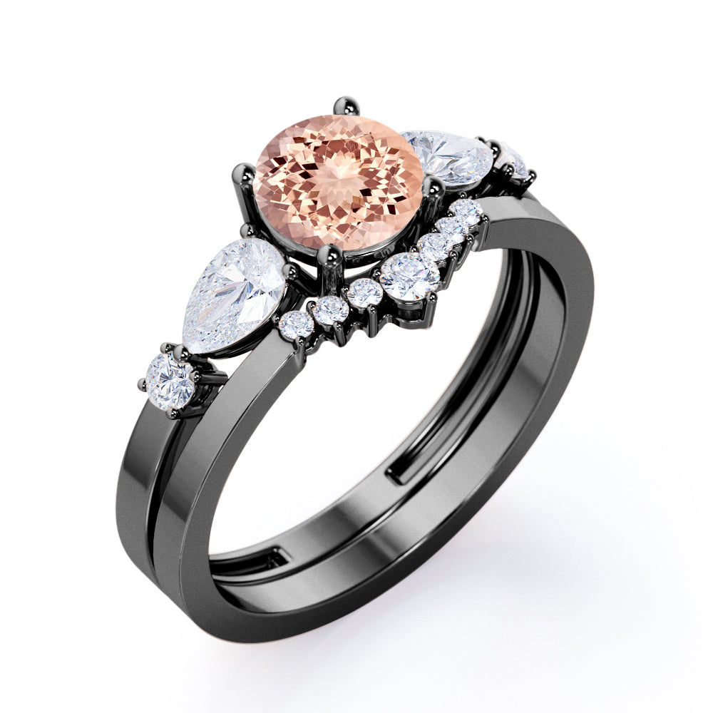 Modern Crown 1.35 carat Round cut Peach pink Morganite and diamond wedding ring set for her in Black gold