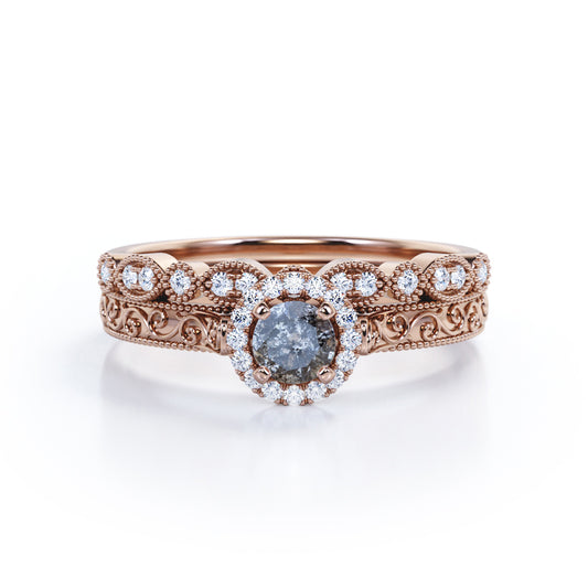 Authentic Filigree 0.75 carat Round cut Salt and pepper diamond and White diamond halo style wedding ring set in Rose gold