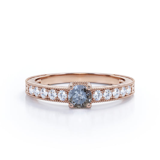 Art nouveau inspired 0.7 carat Round cut salt and pepper diamond and White diamond milgrain engagement ring in rose gold