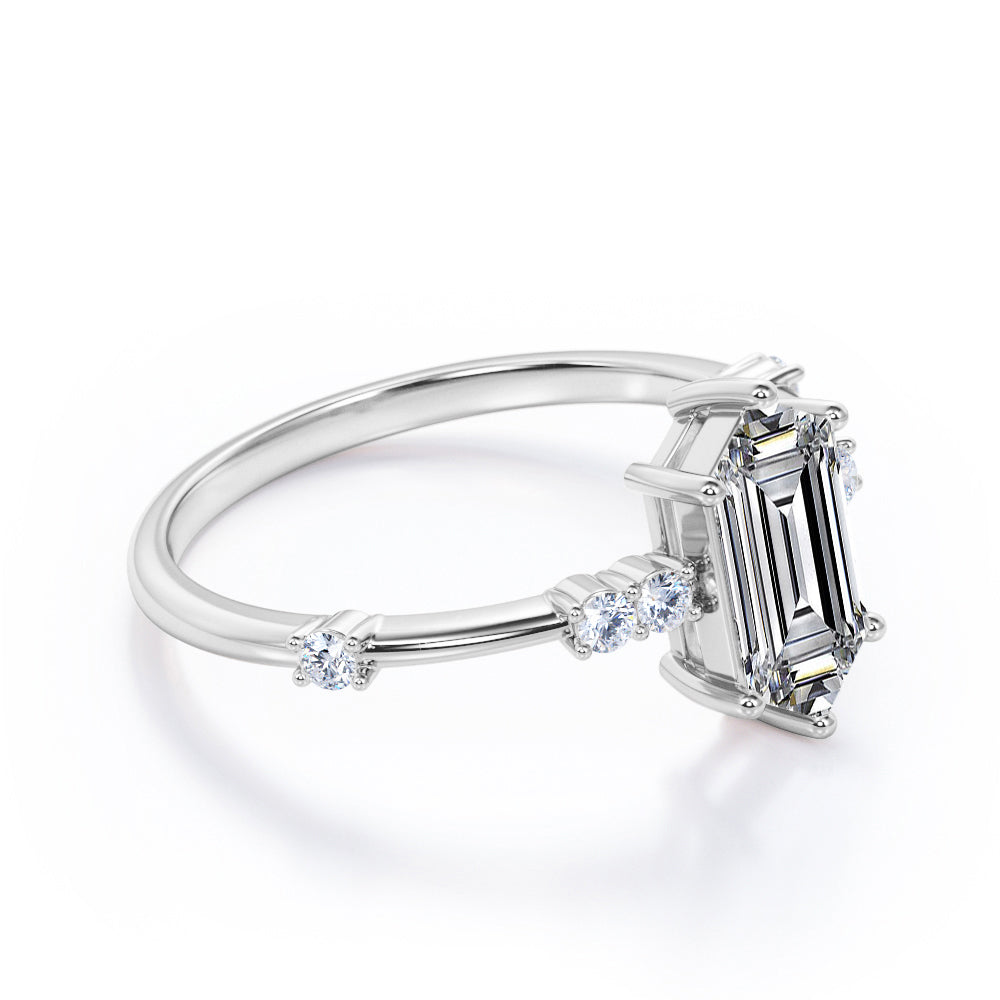 Quadrialteral 6 prong 1 carat Hexagon cut Moissanite and diamonds classic engagement ring in White gold