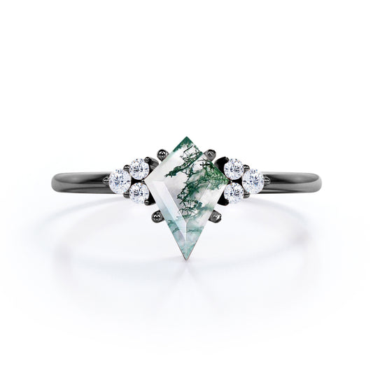 Elegant 1.1 carat Kite shaped Moss Green Agate and diamond 7 stone engagement ring in Black gold