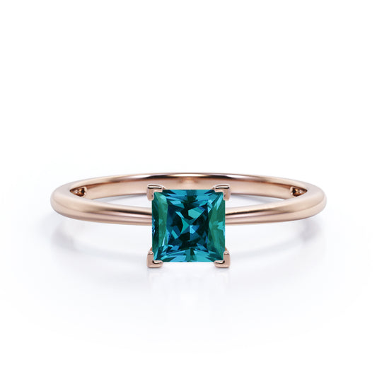 Classic Solitaire 1 carat Princess cut Synthetic Alexandrite tapered shank engagement ring in Rose gold
