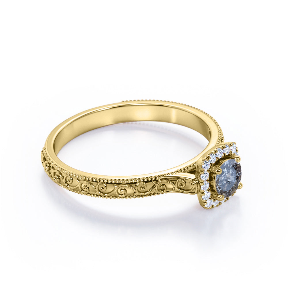 Victorian halo 0.65 carat Round cut Salt and pepper diamond and White diamond anniversary ring for her in yellow gold
