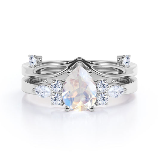 Unique Split Shank 1.25 carat Pear Shaped Moonstone and diamond chevron wedding ring set for women in White gold