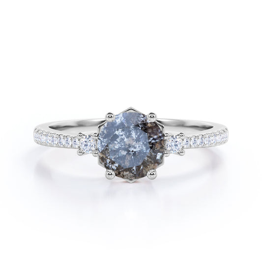 Basket Prong style 0.75 carat Round cut Salt and pepper diamond and White diamond-trio stone-eternity engagement ring in White gold