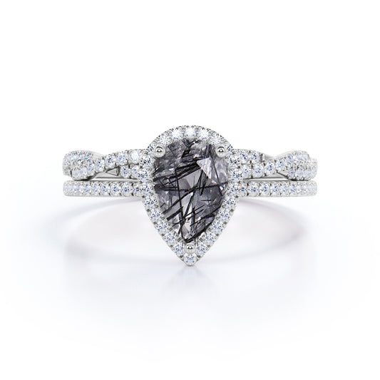 Huge 1.75 carat Pear cut Rutilated quartz and diamond vintage infinity wedding ring set in White gold