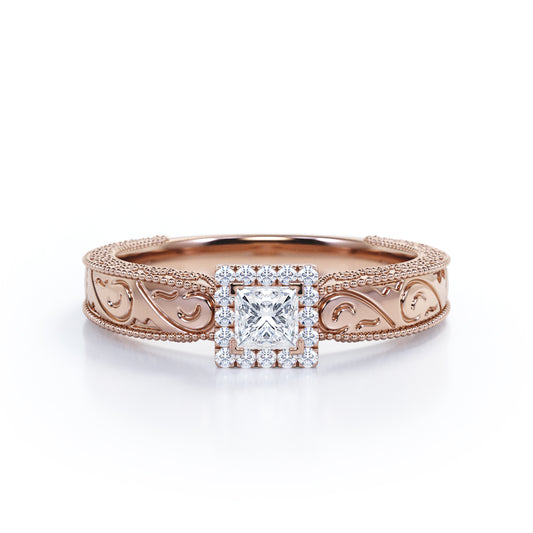 Square halo 0.7 carat Princess cut Moissanite and diamond wide shank engagement ring in Rose gold