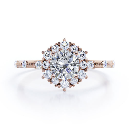 1.2 carat Round cut Moissanite and diamond Milgrain and halo engagement ring for women in rose gold