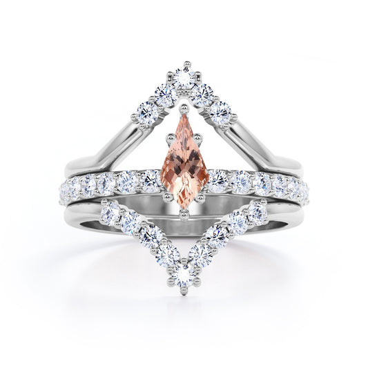 Double Tiara 1.5 carat Kite shaped Morganite and diamond chevron trio wedding ring set for her in White gold