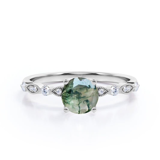 Classic art deco 1.1 carat Round cut Moss Green Agate and diamond engagement ring in White gold