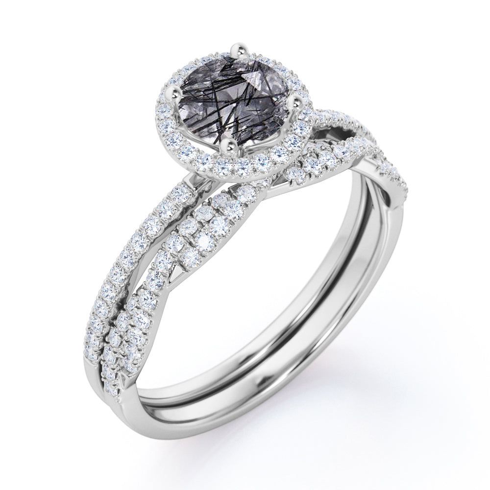 Halo Pave 1.75 carat Round cut Genuine Black Rutilated quartz and diamond engagement ring with half-infinity wedding band in White gold-Bridal set