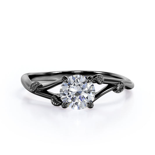 Modern Nature inspired 1 carat Round cut Moissanite solitaire engagement ring in Black gold