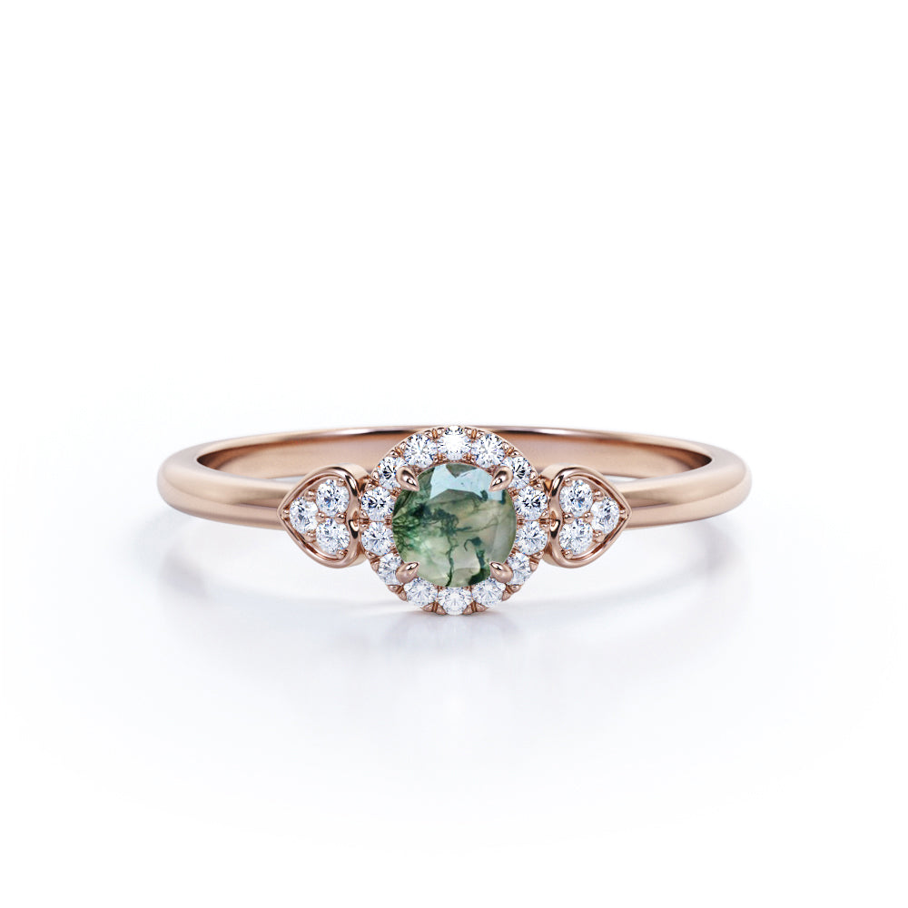 Halo Heart 0.7 carat Round cut Moss Agate and diamond 4 prong engagement ring in Rose gold