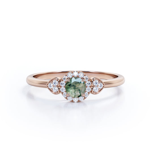 Halo Heart 0.7 carat Round cut Moss Agate and diamond 4 prong engagement ring in Rose gold