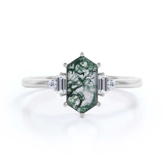 Eccentric 5 stones 1.1 carat Hexagon shaped Moss Green Agate and diamond anniversary ring in White gold
