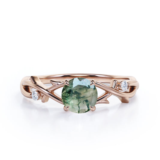 Nature inspired 1 carat Round cut Moss Green Agate and diamond claw prong setting engagement ring in Rose gold