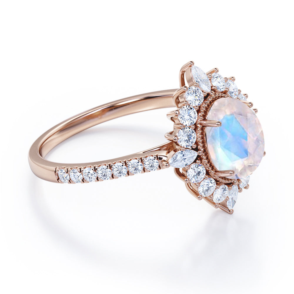 Huge Clustered Halo 1.5 carat Oval cut Moonstone and diamond Beaded eternity engagement ring in Rose gold