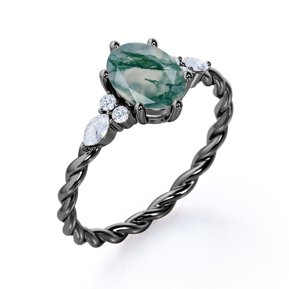 Vintage Braided 1.1 carat Oval cut Moss Green Agate and diamond infinity prong engagement ring in Black gold
